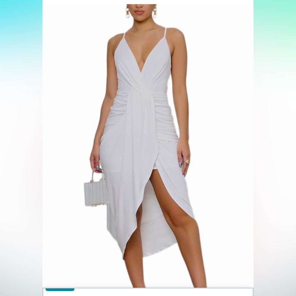 New LYANER Women's V Neck Ruched Wrap Slit Hem Sleeveless Spaghetti Strap Midi